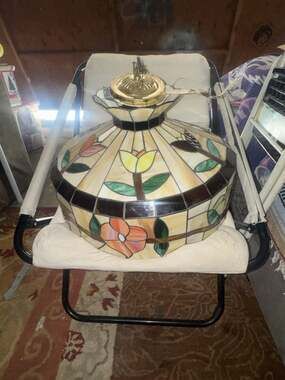 Vintage Swag Pendant Hanging Dome Lamp Tiffany Style Ivory Floral Leaded Texture